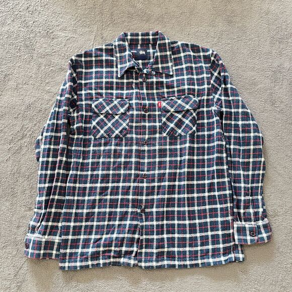 Vtg Stussy Blue Red Plaid Flannel Button Up Long Sleeve Shirt Women's Size L - Picture 1 of 6